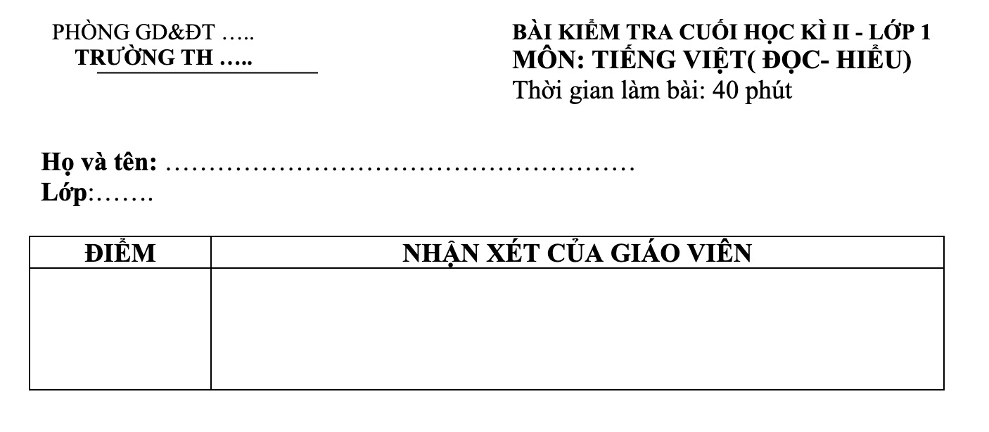 Tổng hợp đề thi học kì 2 lớp 1 môn Tiếng Việt năm 2024 - 2025